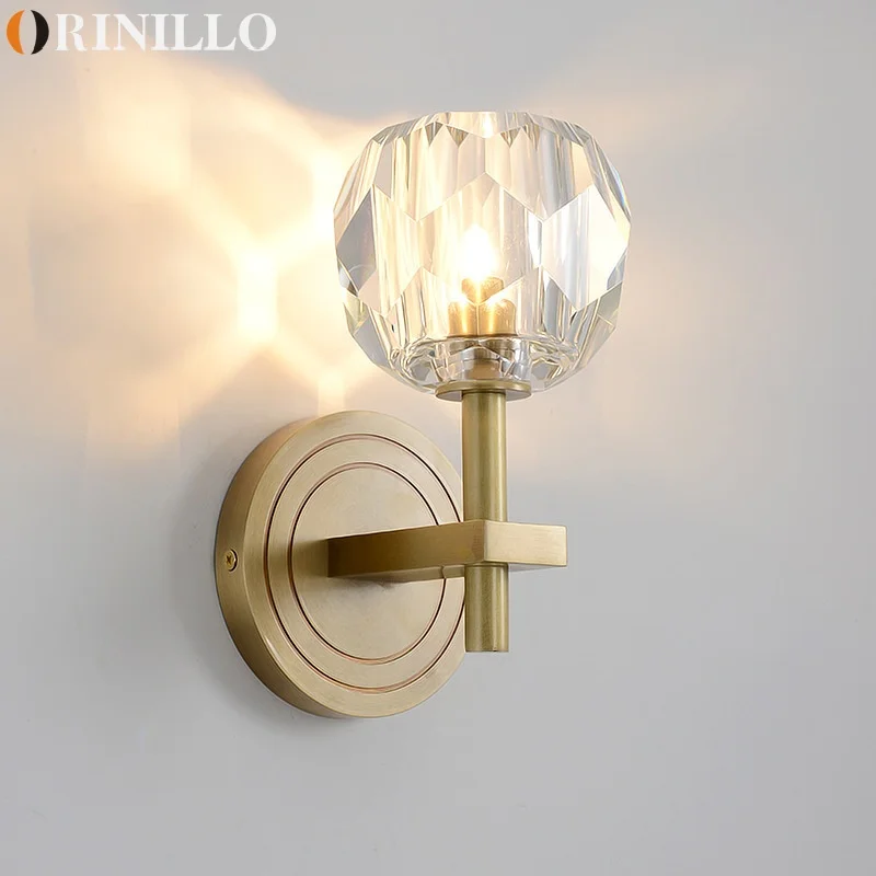 Modern all copper crystal bedside lamp LED bedroom hallway living room background wall long wall lamp