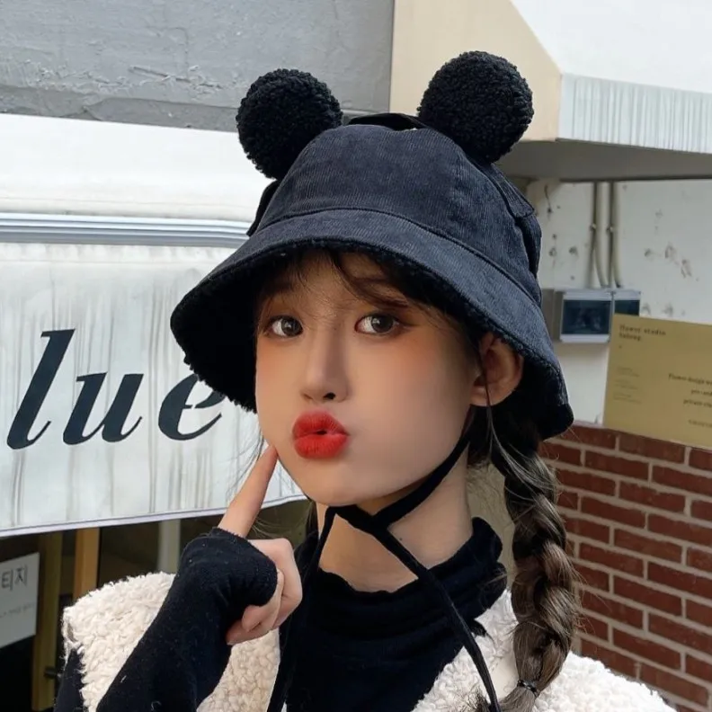 

Теплая вельветовая рыбацкая шапка для женщин. Милая и милая шляпа-ведро с медвежьими ушками и завязками. Съемная морозостойкая панама.