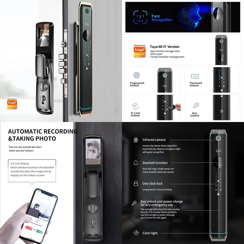 【CHIMU HOME】 Wifi APP Face ID Door for Keyless Entry Facial Recognition Automatic Night Vision Camera Front Door