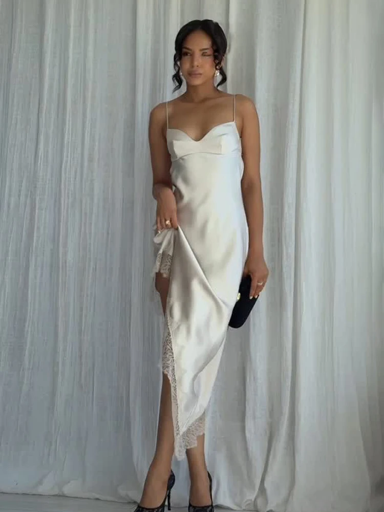 

HH Woman Solid Sexy Sleeveless Backless Beach Party Dress Summer Women Elegant Asymmetry Lace Decorate Satin Dress Mujer