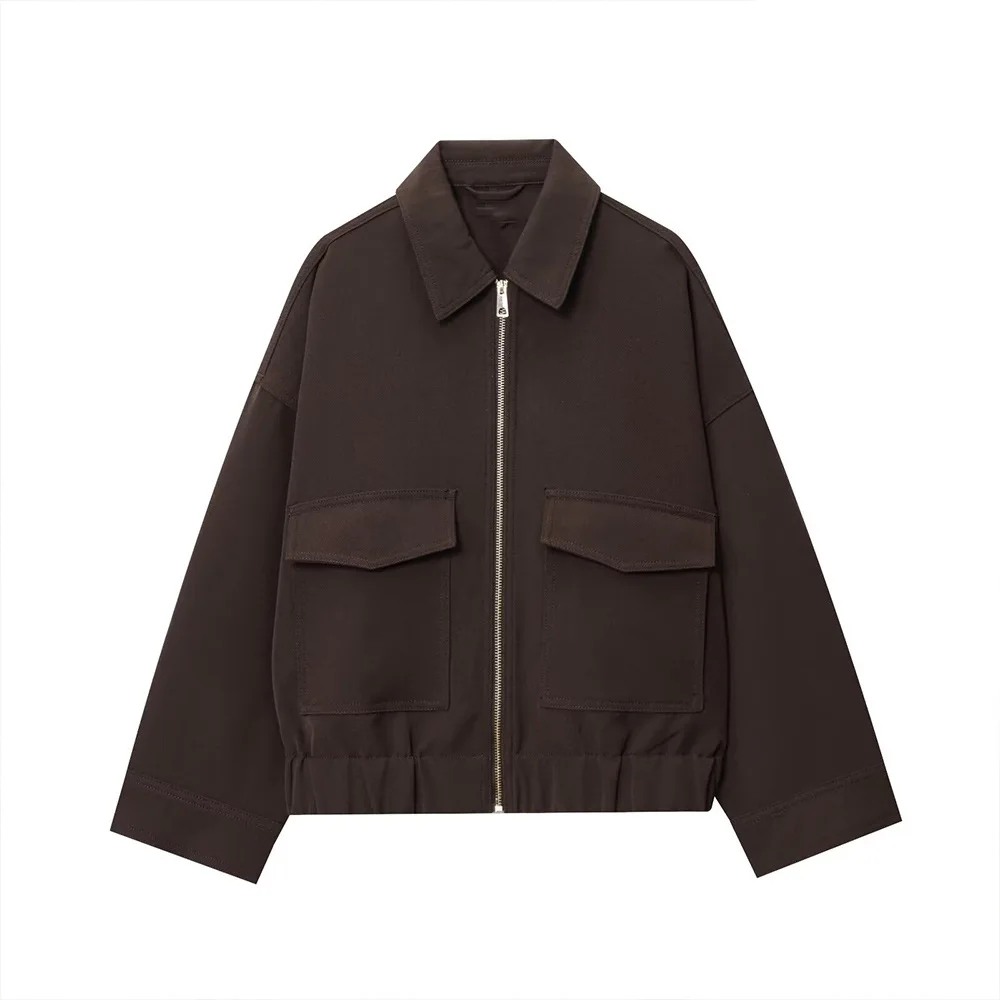 

ZBZA Woman Retro Cropped Jacket Pocket Lapel Zipper Long Sleeves Solid Color Pockets Simple Coat Versatile Autumn New Female Top