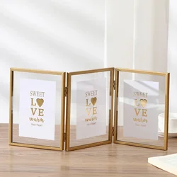 Foldable Metal Triple Photo Frame, Gold and Black Decorative Picture Frame, Creative, 4 in, 6 in, 7 in