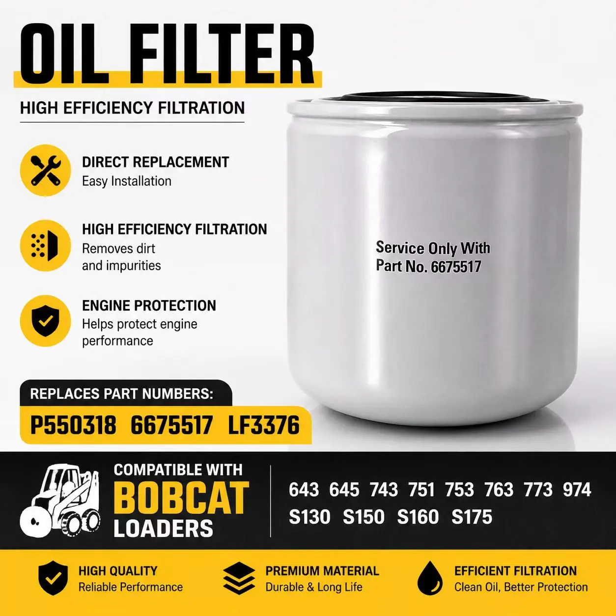 P550318 6675517 LF3376 Oil Filter Compatible with Bobcat 643 645 743 751 753 763 773 974 S130 S150 S160 S175 Loader