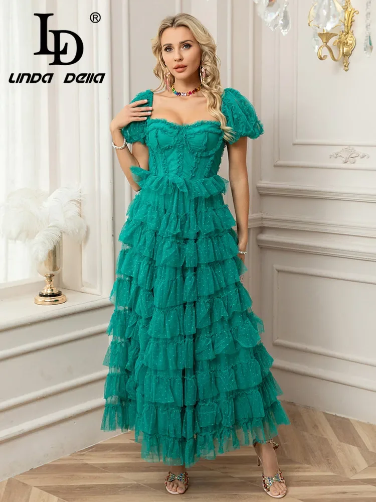 LD LINDA DELLA 2025 Spring/Summer New Style Bubble Sleeve Long Dress with Mushroom Edge Mesh Wave Dot A-line Dress for Women