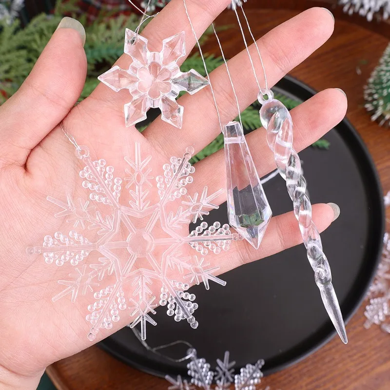 Cristal claro floco de neve pingentes de sincelo acrílico brilhante diy árvore de natal pendurado ornamento navidad festa de ano novo decoração para