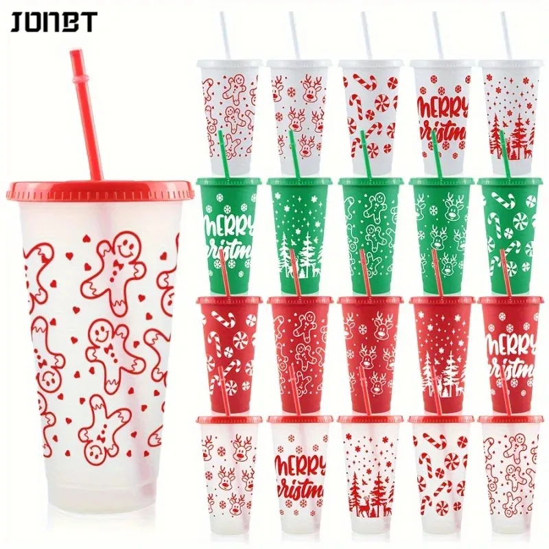 

New Christmas Plastic Cup 710ML PP Straw Cup With Lid Reusable 24OZ Water Bottle Juice Iced Coffee Milk Cups for Santa Parties