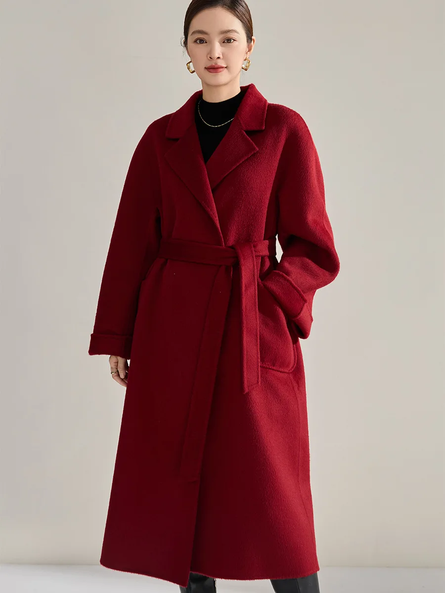 Winter Long Wool Coat Women's Red 100% Wool Coat Female 2024 Winter New Bathrobe Style Autumn Loose A-line Coat Commuter