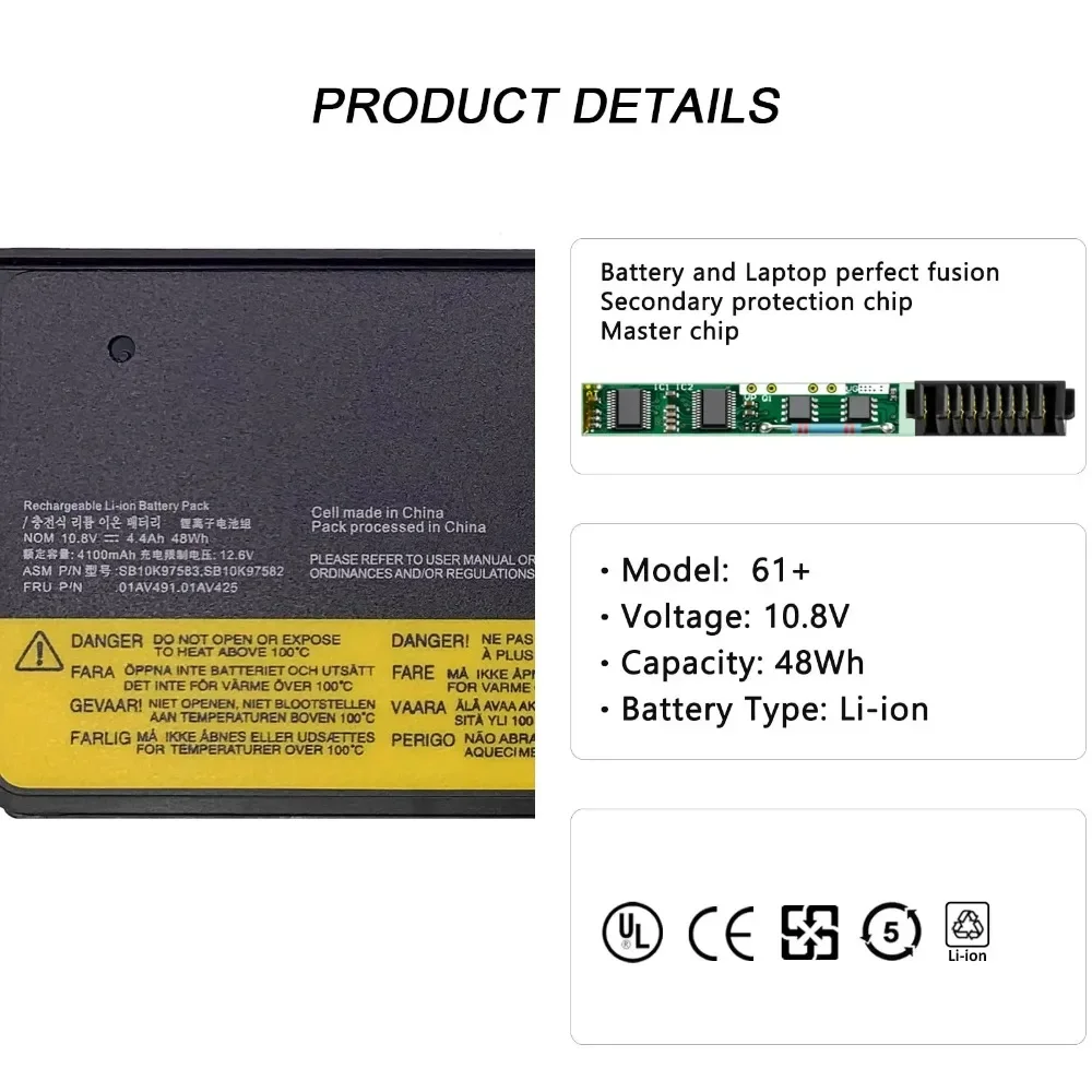 10.8V 4400mAh 01AV425 Laptop Battery for Lenovo ThinkPad T570 T580 T470 T480 P51S P52S A475 TP25 01AV426 01AV427 01AV491 01AV493