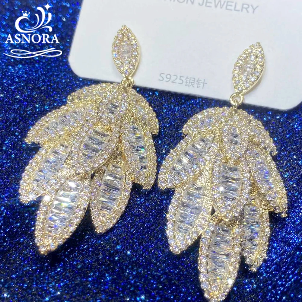 Trendy Gold Color With Silver Leaf Dangle Earrings For Women Luxury Cubic Zirconia Micro Setting Bridal Wedding Jewelry 00086