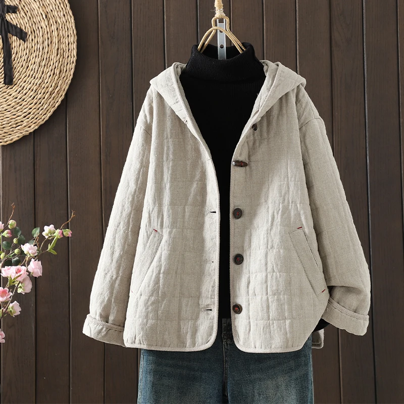 

New Winter Cotton Linen Jaet Quilted Retro Button Casual Hooded Color Women's Coat Comfortable Loose Fit Long Sve