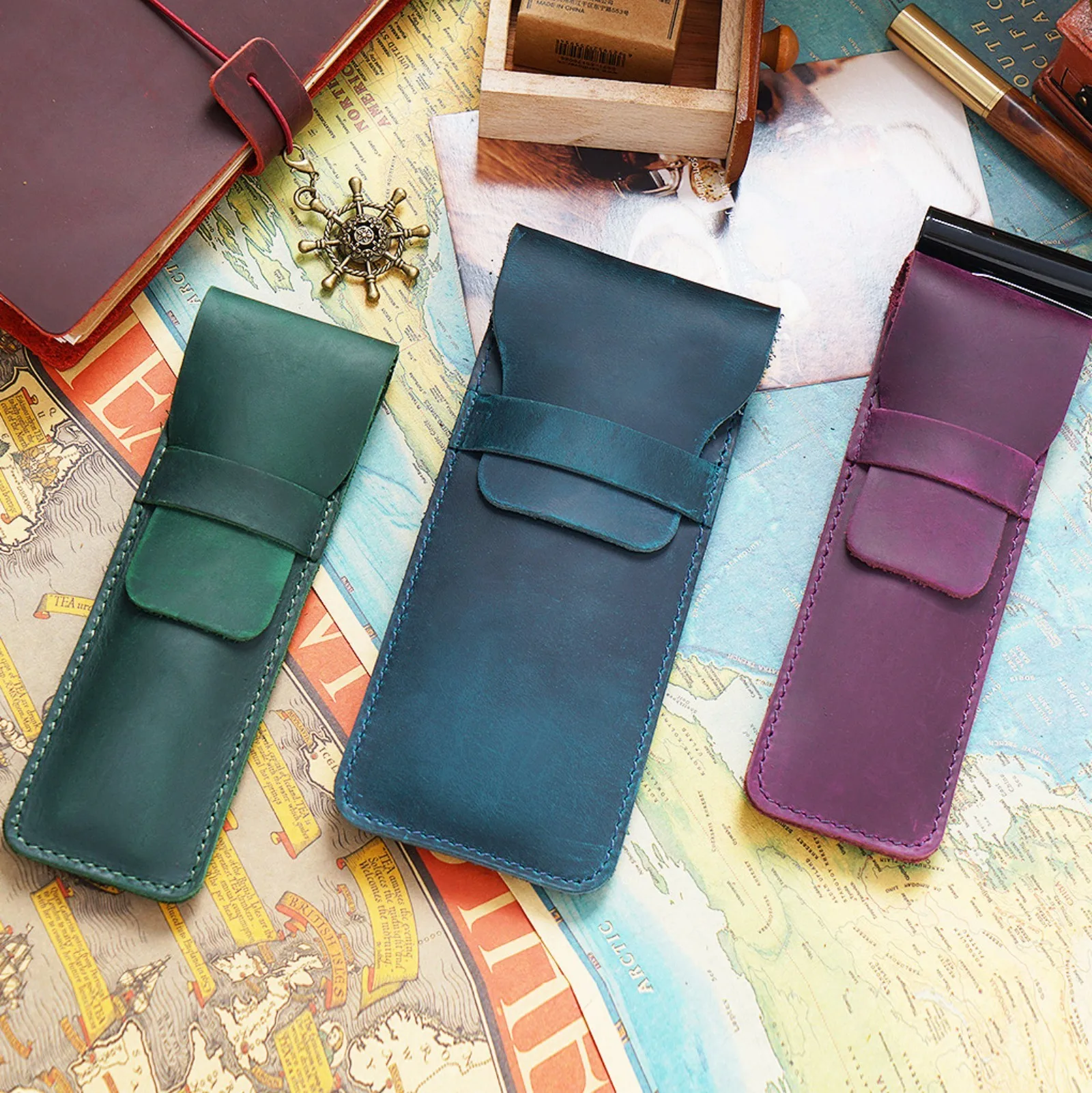Bolsa de caneta de couro genuíno artesanal, bolsa de lápis de couro vintage estilo retrô, acessórios para diário de viagem