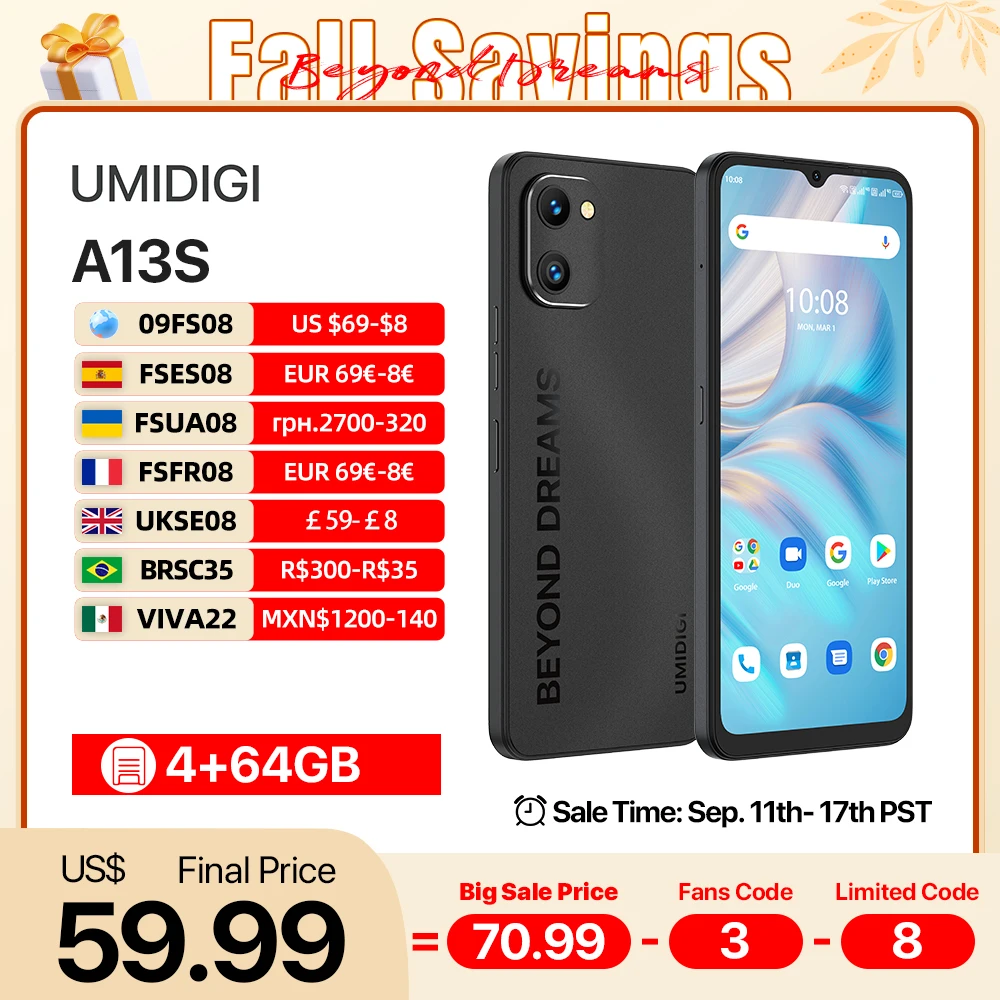 Ponsel cerdas Android UMIDIGI A13S, HP cerdas Android 6.7 "HD + tampilan versi Global 4GB 32GB, kamera belakang 16MP 5150mAh