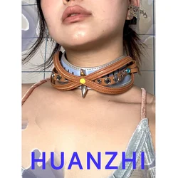 HUANZHI Brown Blue Leather Y2K Collar Cyberpunk Futuristic Unisex Necklace Choker Personalized Exaggerated Jewelry For Women