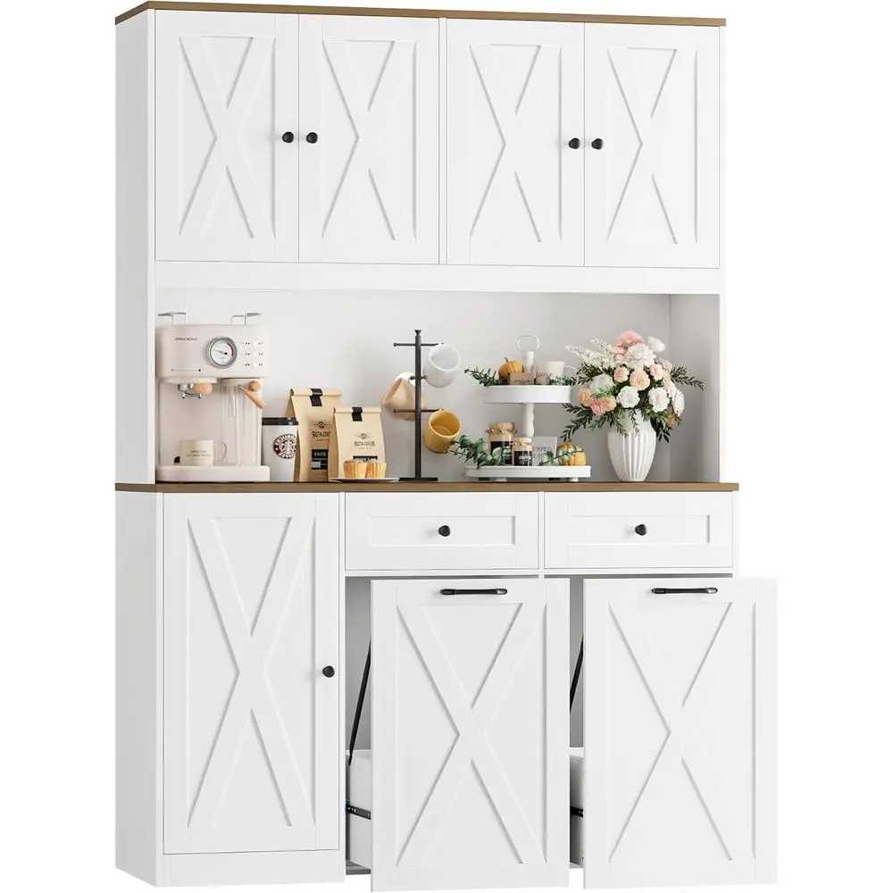

12.5 Gallon Dual Pull-Out Trash Bin Cabinet, 47 Wide Kitchen Pantry with Concealed Waste Storage, White