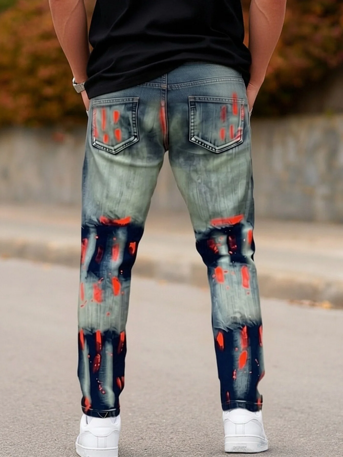 Men's Y2K-Style Denim Pants With Hand Drawn Colorful Tear Stop Pattern Design  Best Selling Product  Free Shipping Included
