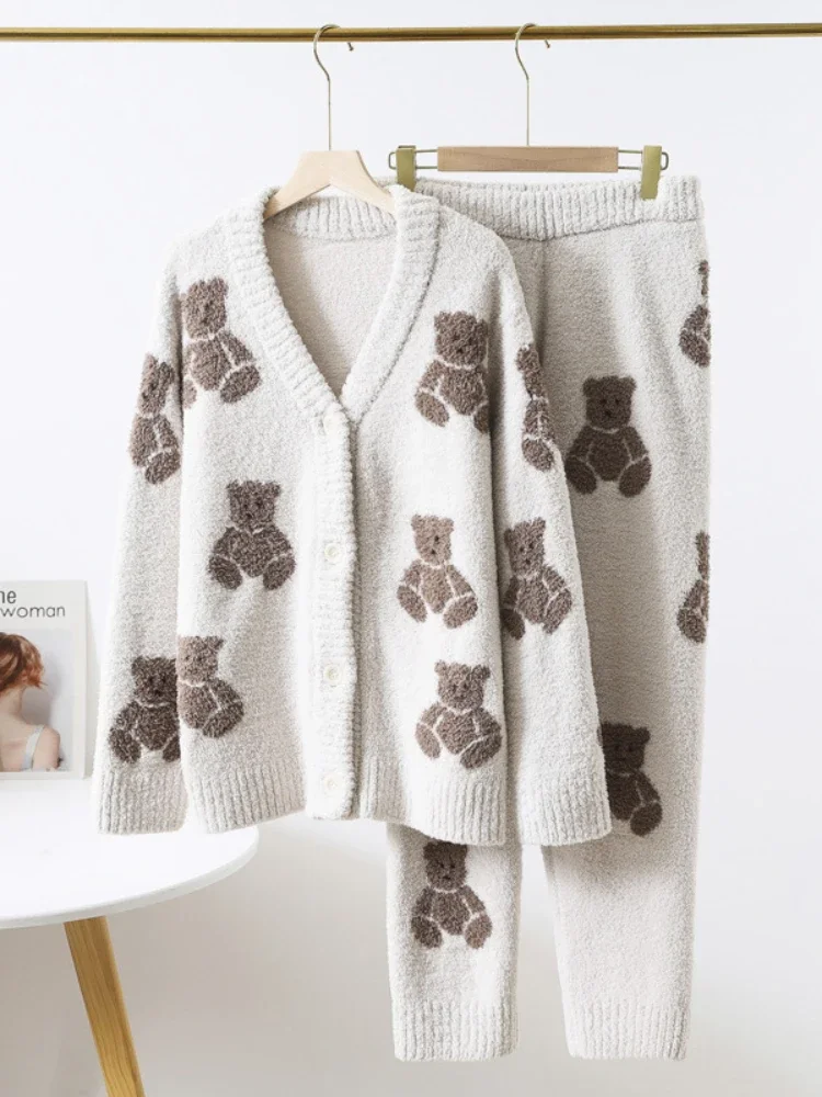 Japanese Kawaii Soft Comfortable Pajama Sets Cute Bear Full Print Long Sleeve Trousers Homewear Suit Fall Winter Loose Sleepwear