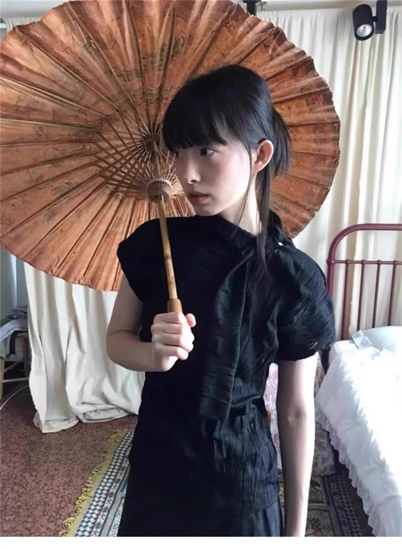 

Retro Chinese Short Sleeves T-shirt Texture Collar Bow Design Bottom Top 2025 Summer New Commute Casual Youth Daily Blouse