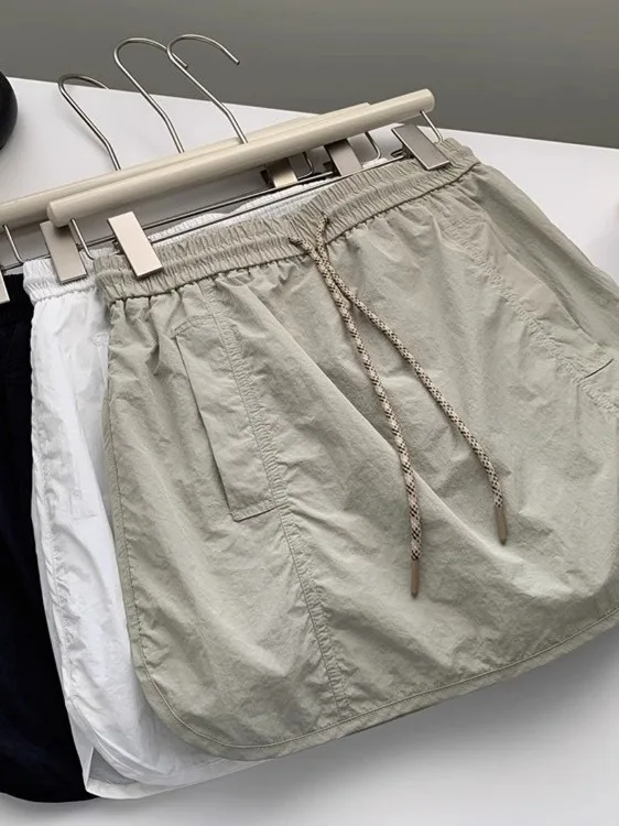 

American Retro Dstring Workwear Skirt Women Slim High Waist A-Line Thin Qui Dry Anti-Light Parachute Skirt Summer