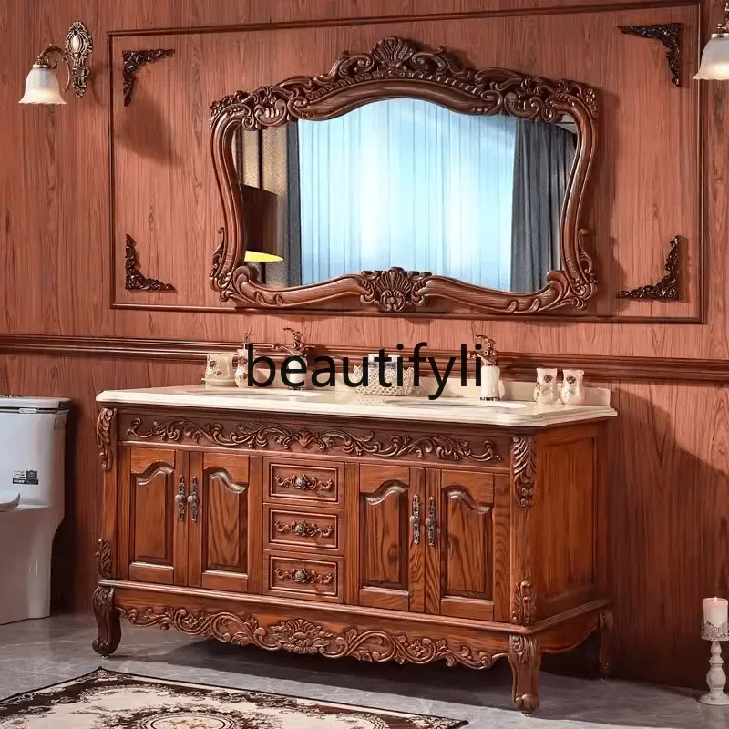 

ls 27European bathroom cabinet red oak double basin washbasin cabinet floor combination American washbasin antique customization