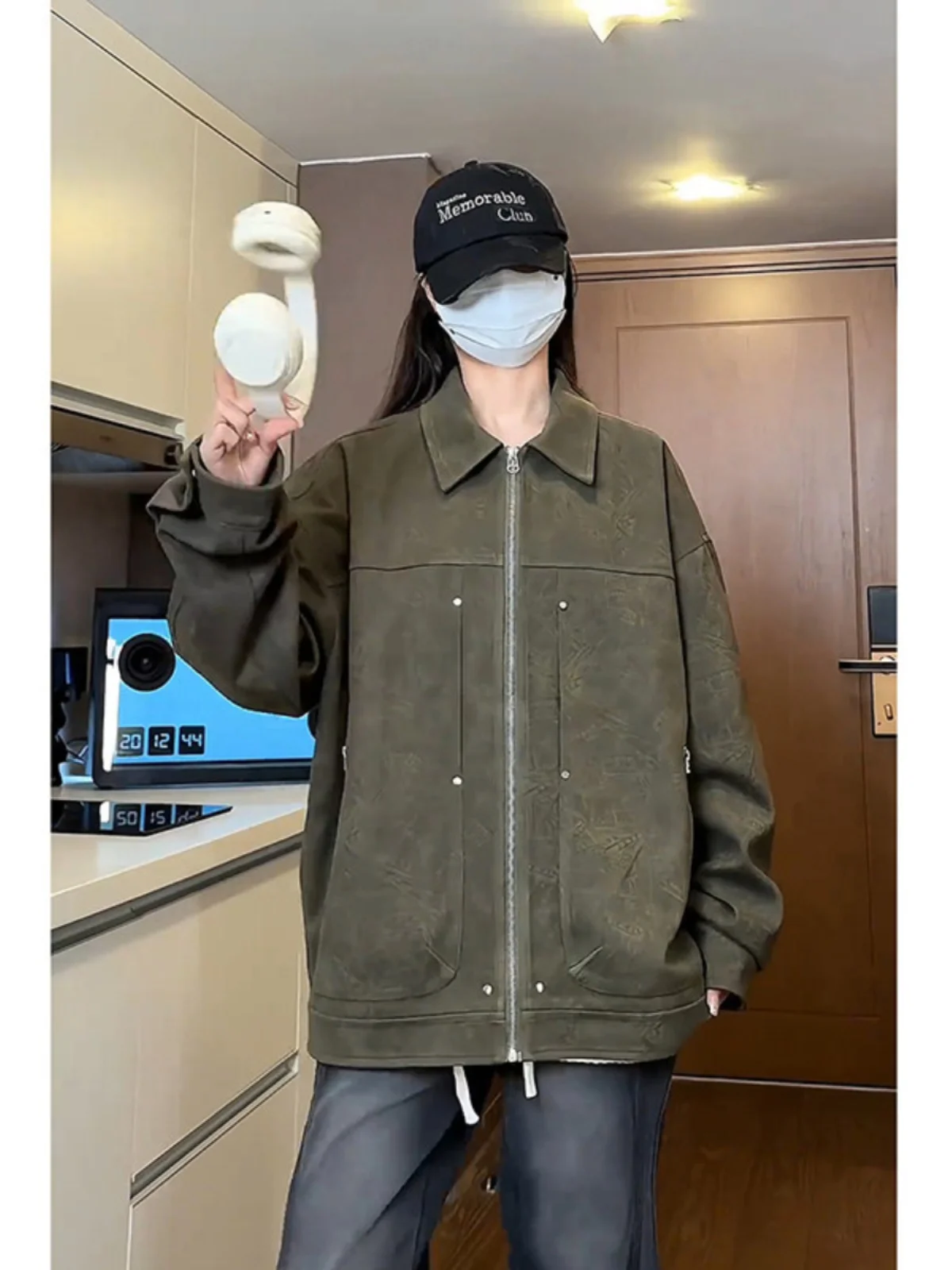 

Khaki Suede Jaet for Men ort Baseball Sle Vintage Wellington Coat Spring Autumn Polyester Fabric Loose Fit Youth Trend