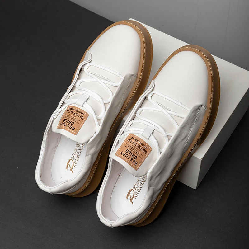 Men\'s shoes, white sneakers, white versatile thick soled shoes, mid top shoes, casual leather shoes 211013