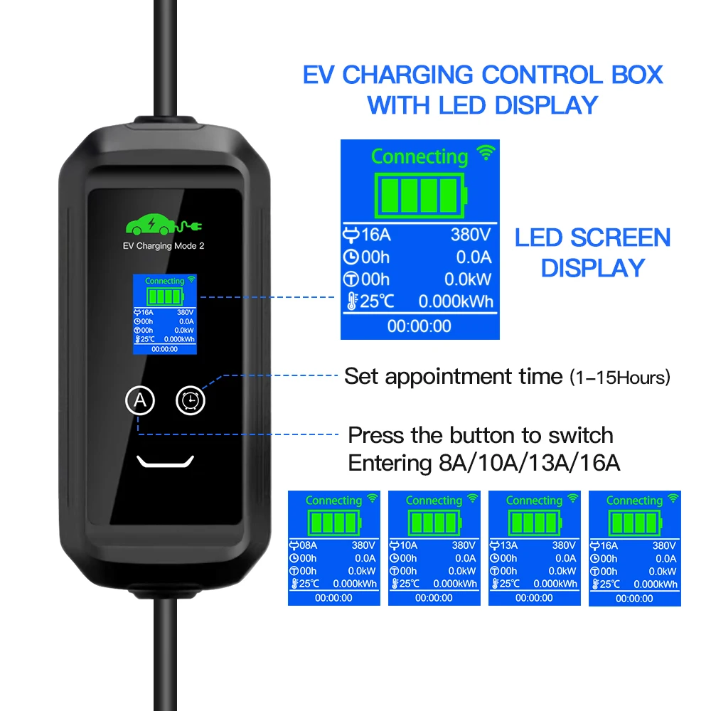 Cargador EV móvil de 16a y 11kW, dispositivo con aplicación Wallbox, Bluetooth, Wifi, ajuste de tiempo de carga para vehículos híbridos eléctricos, longitud de 5M