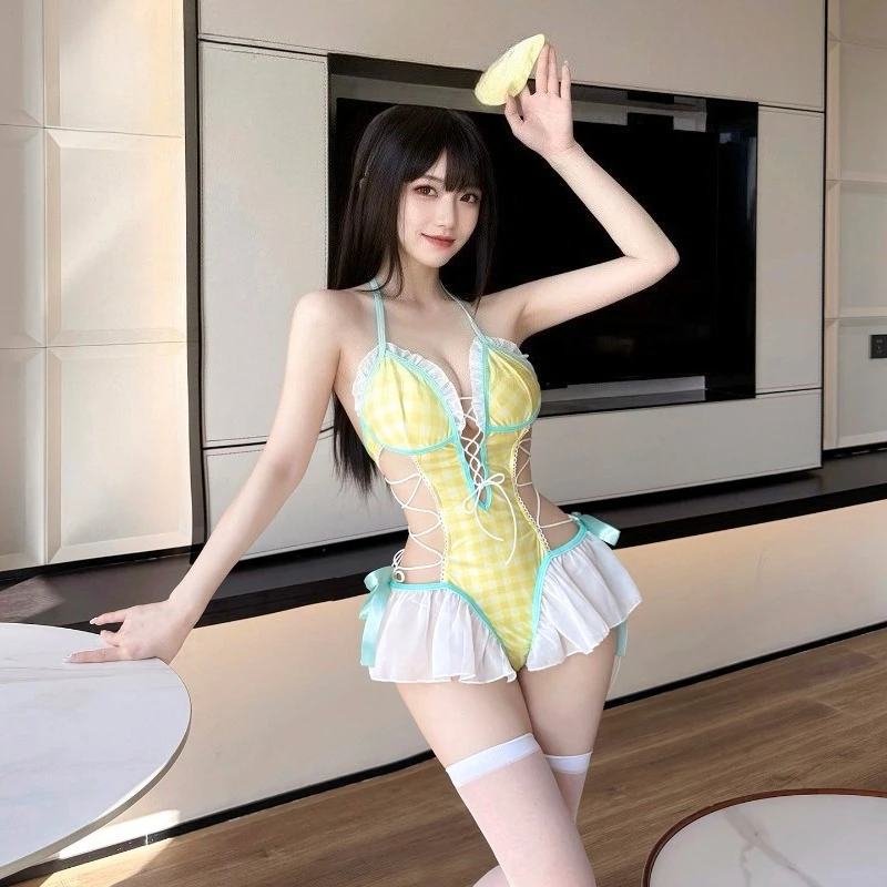 

Japanese Anime Cosplay Costumes Rabbit Maid Uniform Outfits Sexy Yellow Transparent Bra Bodysuit Role Play Lingerie Swimsuit Set