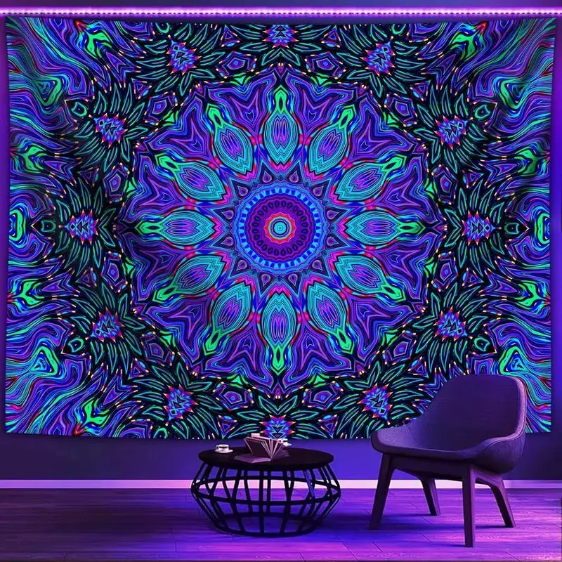 VIKAMA Blacklight Mandala Tapestry UV Reactive Neon Psychedelic Trippy Boho Wall Hanging for Bedroom Dorm Room Decor