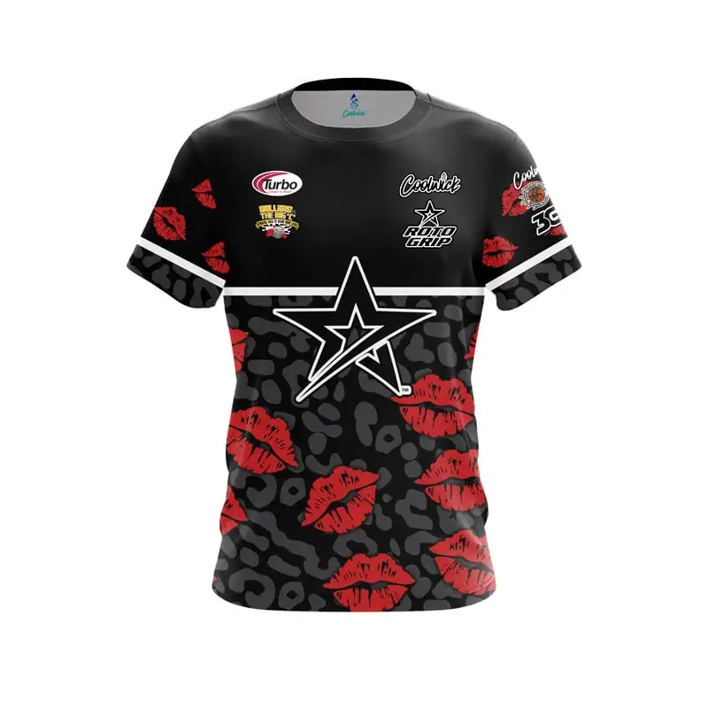 New Men Roto Grip Leopard Red Lip Split Color Bowling Jersey Short Sleeve Performance Sports Tee Fan Casual Streetwear Tops