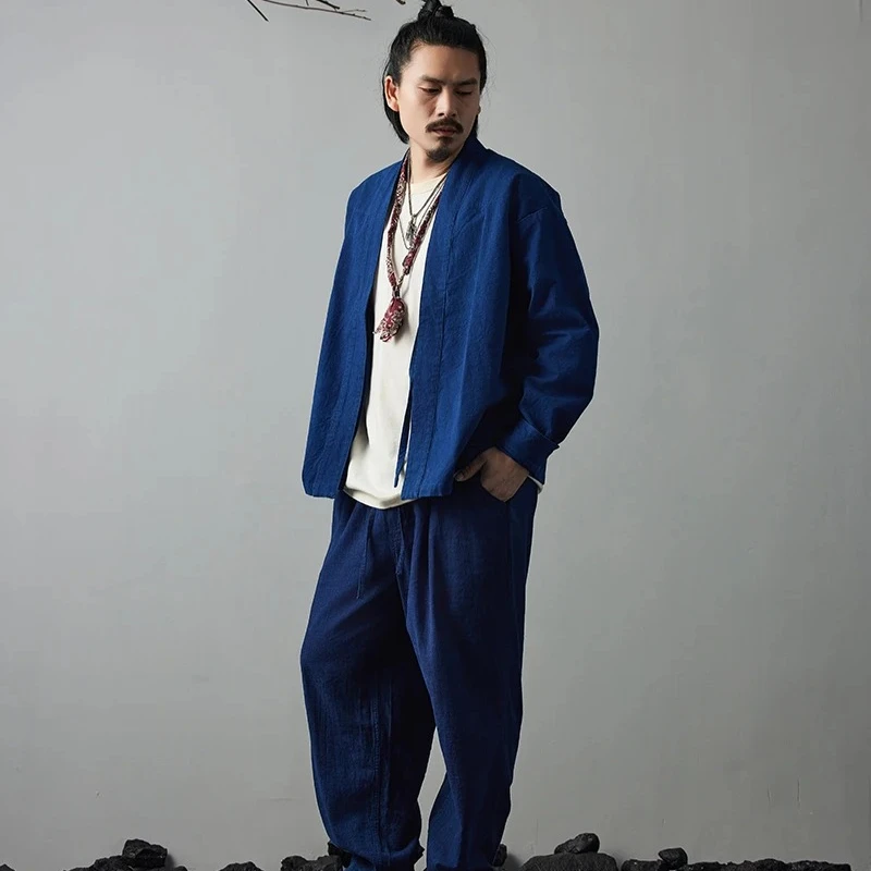 

BADBOWL Plant Indigo Jacket Men Blue Dyeing Casual Kimono Jackets Japanese Retro Road Robe Men's Spring Autumn Loose Cotton Coat