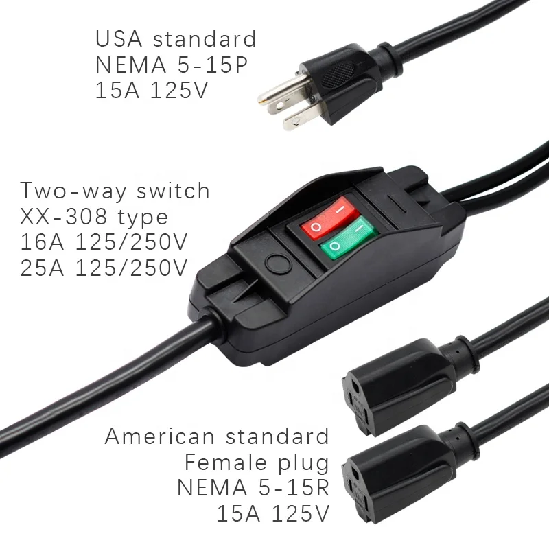 American 3 Prong NEMA 5-15P 2 way inline switch split to 2 5-15R plug power cable