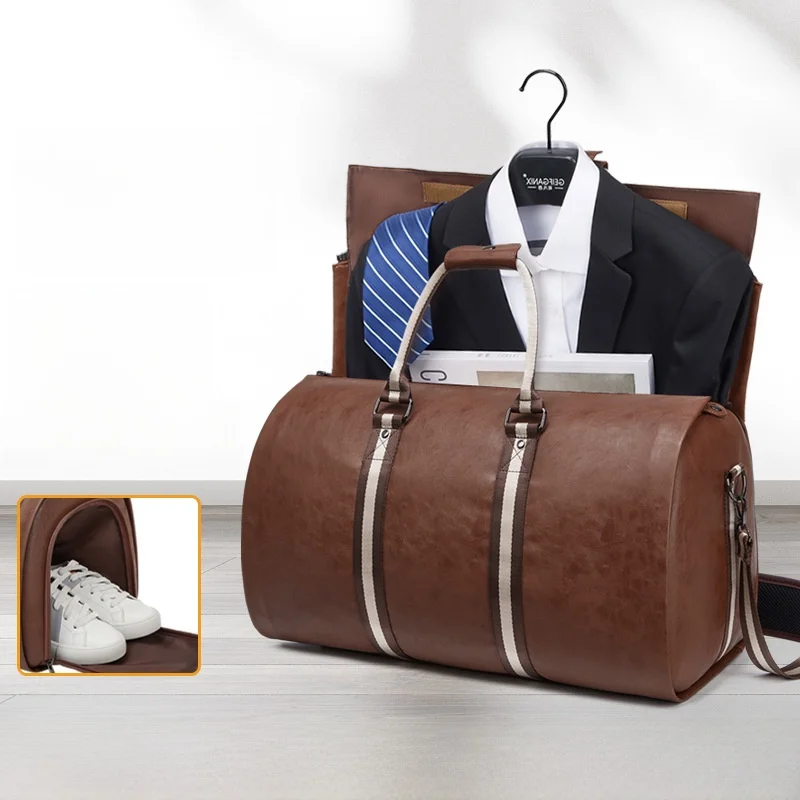 

Дорожная большая сумка для хранения костюма, винтажная коричневая ручная складная мужская сумка для официальной одежды, кожаная сумка из искусственной кожи с ручкой