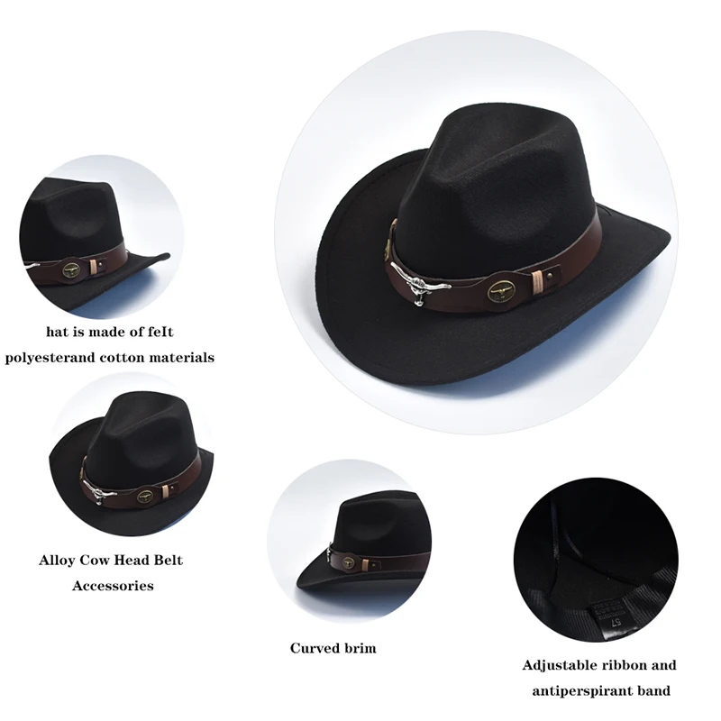 New Wome Men Black Chapeu Cowboy Hat Gentleman Jazz Sombrero Hombre Cap Dad Cowgirl Hats Size 56-58cm