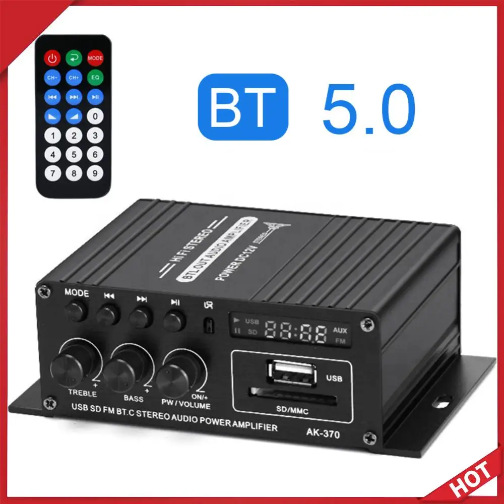 

AK-370 Bluetooth-совместимый усилитель мощности 2.0-канальный, аудиоусилитель 12В DC, автомобильный музыкальный сабвуфер, стереофонический динамик, вход USB OTG