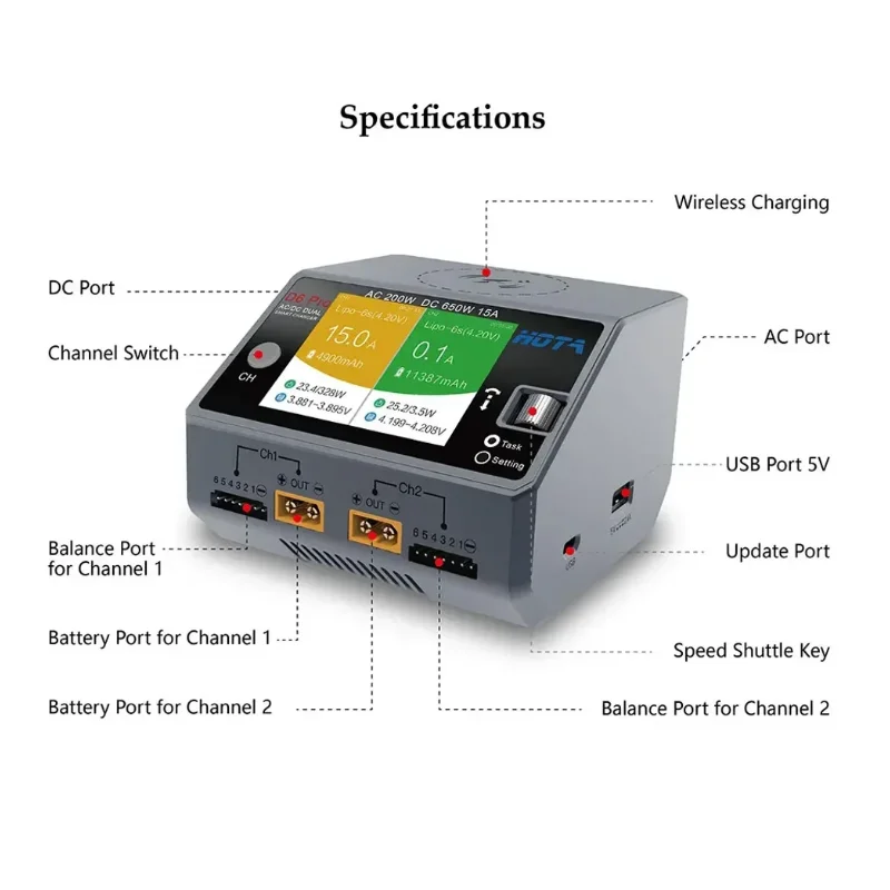 HOTA D6 Pro 200W AC/650W DC Dual Channel Wireless Battery Charger for LiPo LiHV NiMH NiCd RC Drone