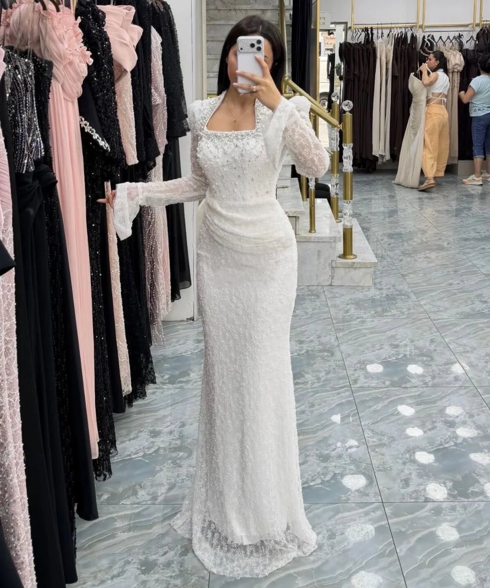 Customized Pastrol Lace Pleat Pattern Mermaid Square Neck Long Bespoke Occasion Celebrity Dresses Sizes Available