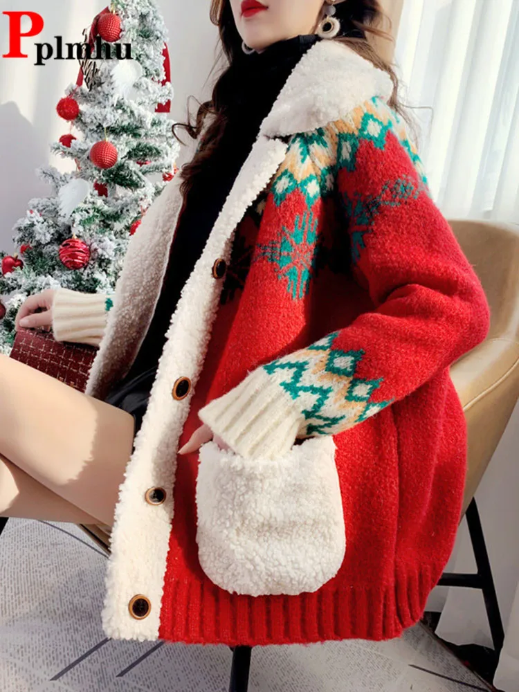 

Lapel Christmas Print Warm Jackets Women's Casual Baggy Thick Knitted Sweater Casaco Fashion Loose Cardigan Patchwork Jaquetas