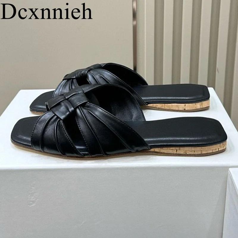 

Spring Summer Square Toe Flat Slipper Women Genuine Leather Cross Band Sandals Ladies Outdoor Vacation Shoes Lazy Sandalias