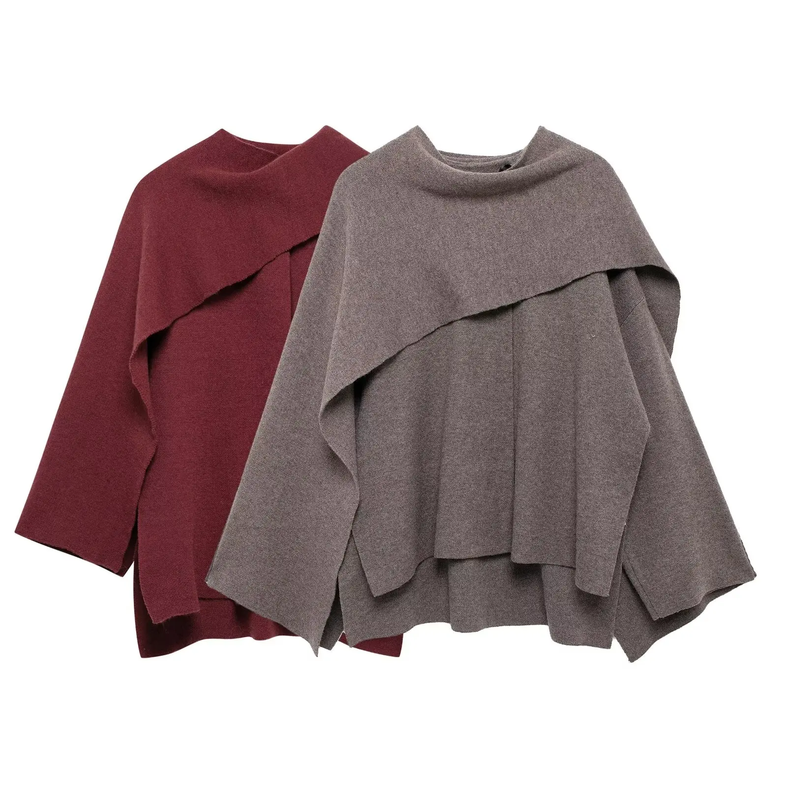 TRAF Casual Cape style short coat jacket Autumn Split fork  Asymmetric Scarf decoration unique Vintge Female Ponchos sweater