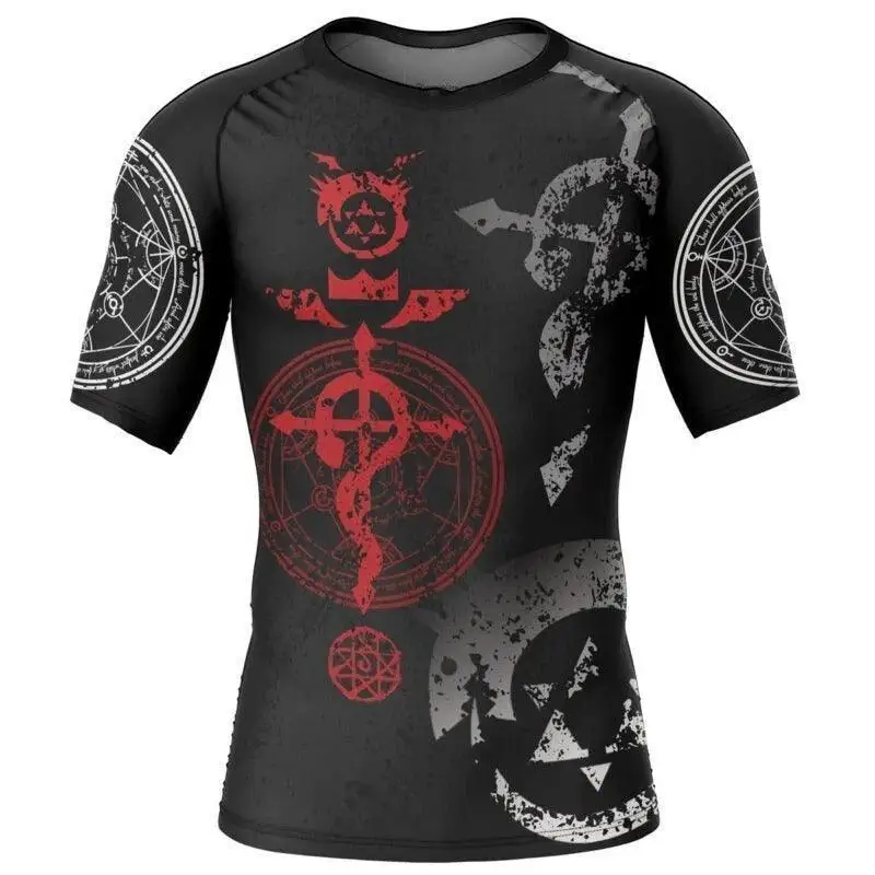 Mens Mystic Rune Print Short Tee, Slim Fit for Fitness Training, Stretchy Skin-friendly, Quick Dry Breathable Sports Top