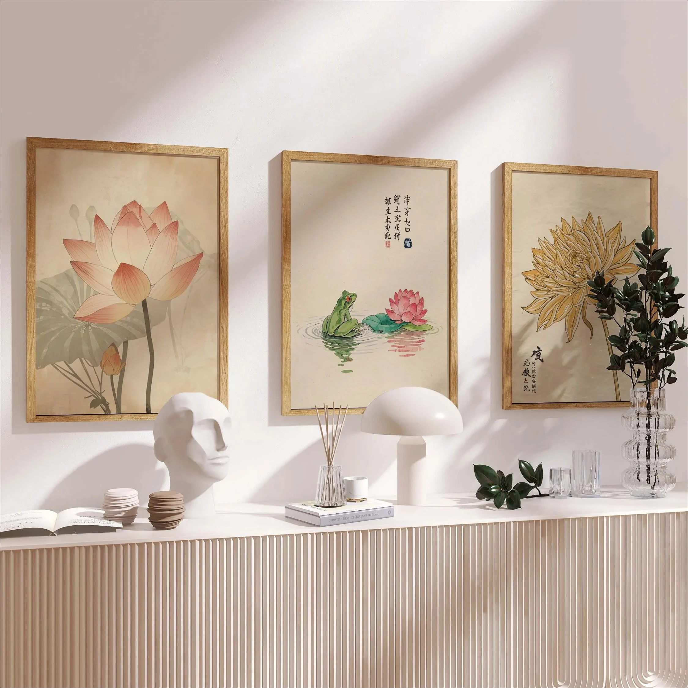 Japanese Lotus Wall Art Set of 3 Asian Botanical Print,Zen Floral Decor,Vintage Water Lily Artwork,Minimalist Home Decor Post
