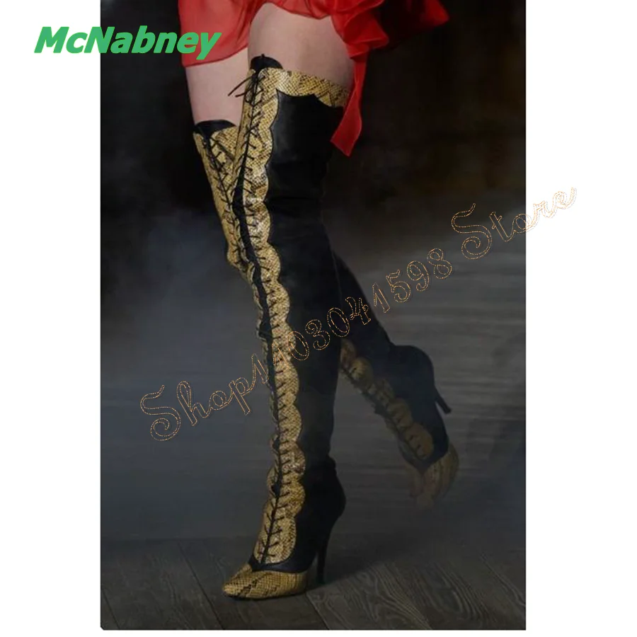 

Sexy Skinny Snake Print Leather Boots for Women,Fashion Pointed Toe Stiletto Strap Knee High Boots 2023 New Zapatos Para Mujere