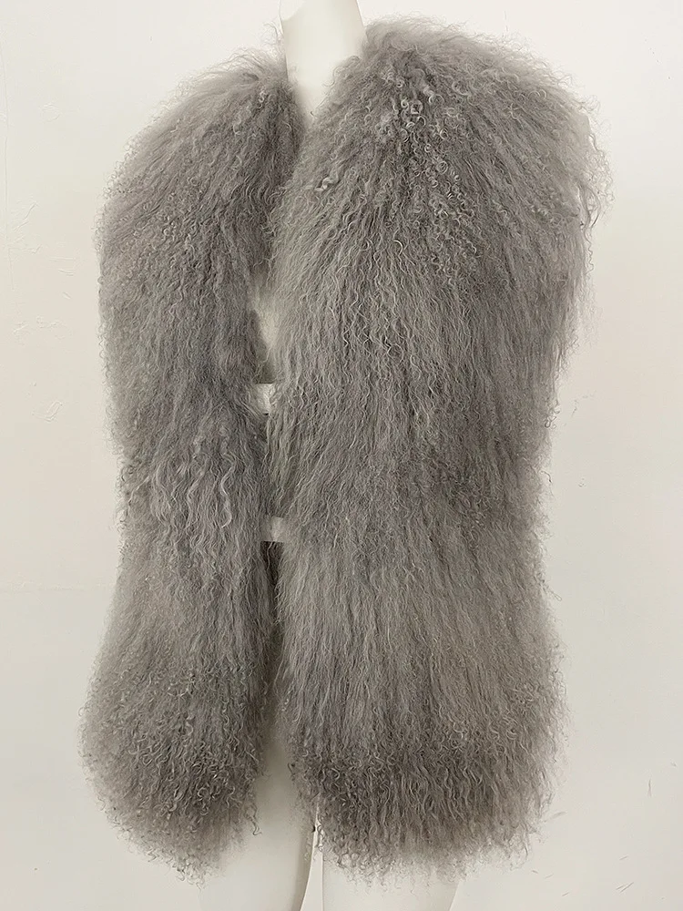 Women Outerwear Coat Solid Deep V-Neck Backless Bandage Sleeveless Jackets Fluffy Luxury Real Mongolian Fur Halter Vests