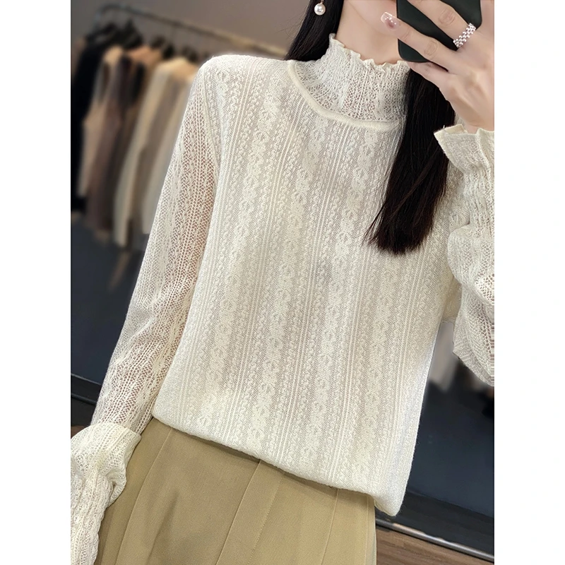 Sheep Hair Temperament Lace Knitted Sweater Women's Fashion Long Sleeve Inner Layup Half High Collar Women's