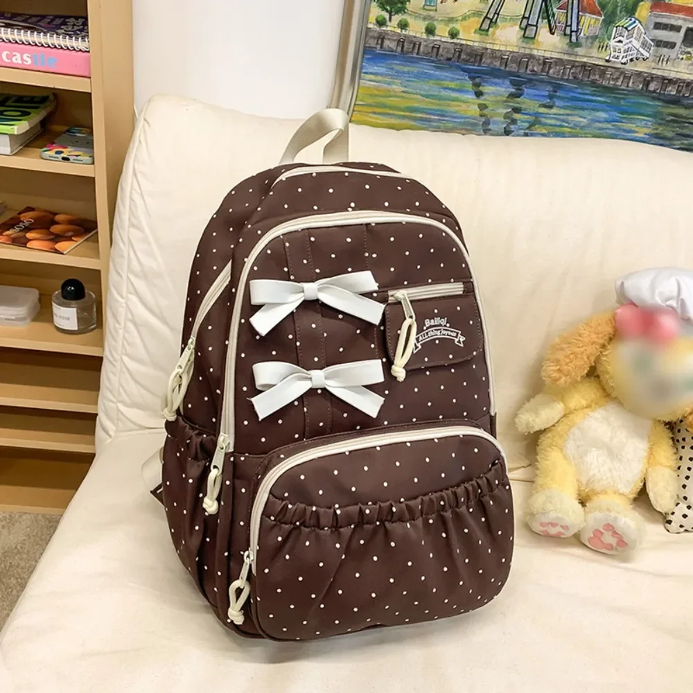 Polka dot Bow Girls Backpack Nylon Large-capacity Student Schoolbag Anti-theft Multi-compartment Travel Computer Backpack