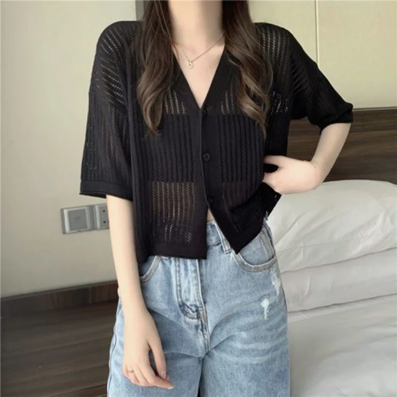 Полый кардиган с v-образным вырезом, женские летние тонкие вязаные солнцезащитные топы с короткими рукавами, корейские милые универсальные укороченные топы в консервативном стиле
