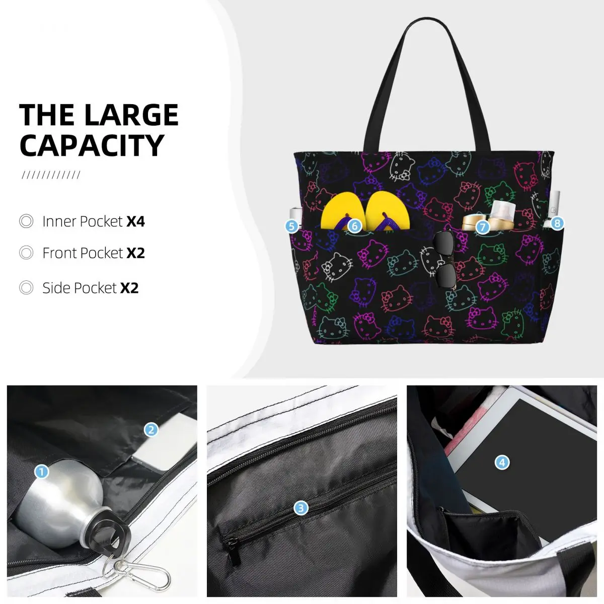 Custom Black Hello Kitty Cat generi alimentari Shopping Tote Bag donna grande capacità Cute Kitten Gym Beach Travel Bags