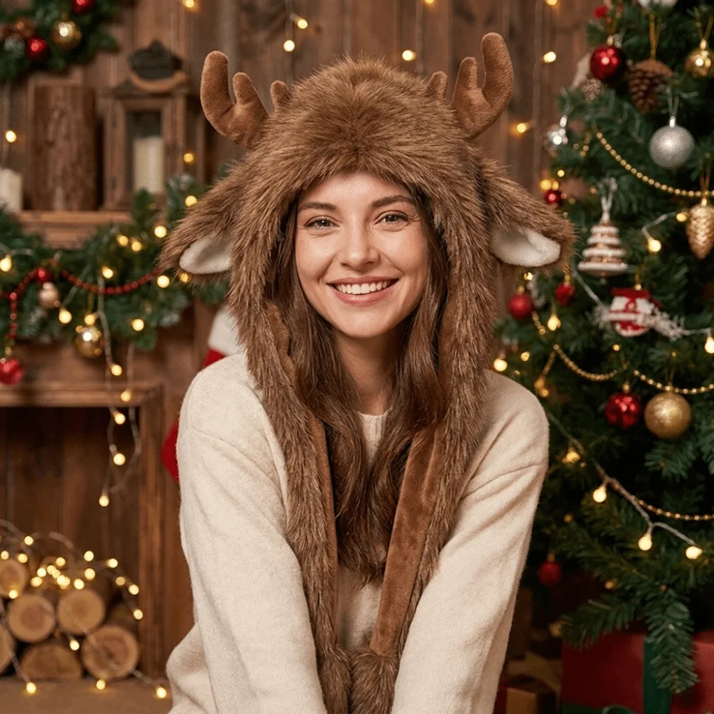 Pullover Style Christmas Elk Hat Windproof Design Teddy Fleece Reindeer Antler Hat Fluffy Texture Adjustable Tie Furry Cap Hat