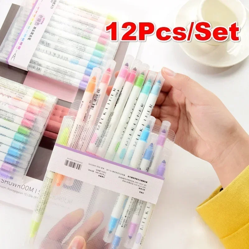 12Pcs/set 12Colors Cute Double Head Fluorescent Pen Highlighters Color Marker Pens Set School Writing Supplies Korean Stationery