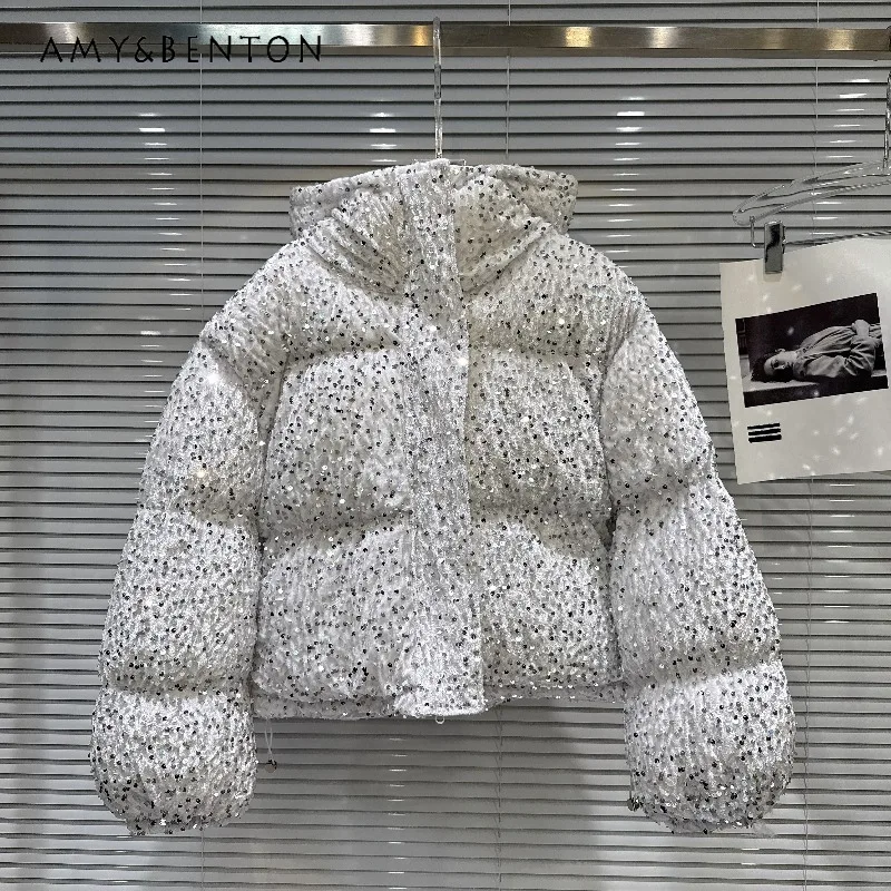 Nowa, specjalna, wytworna kurtka puchowa z cekinami, ocieplana, z kapturem, bawełniana, zimowa, ciepła, z długim rękawem, zapinana na zamek, parki, top, damska